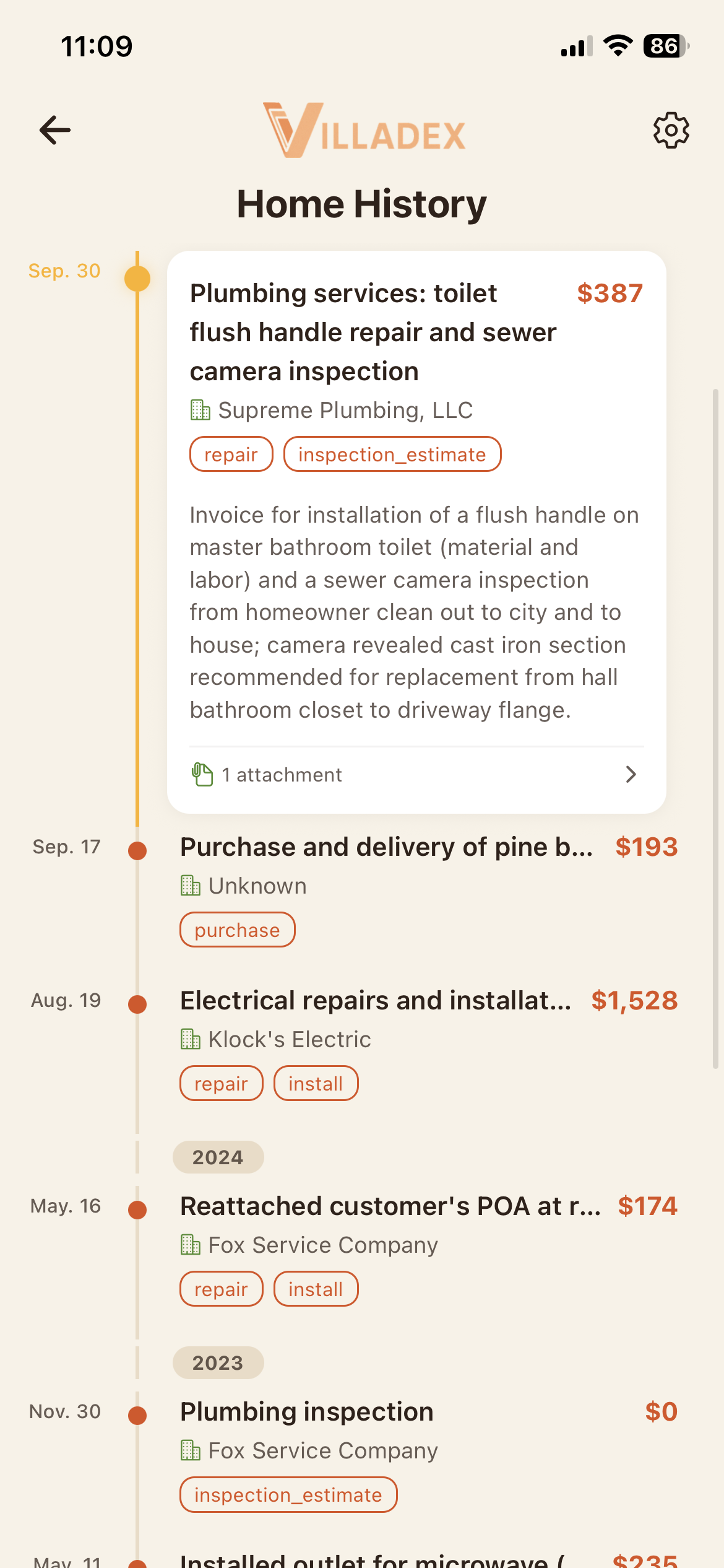 Villadex mobile app — Home History