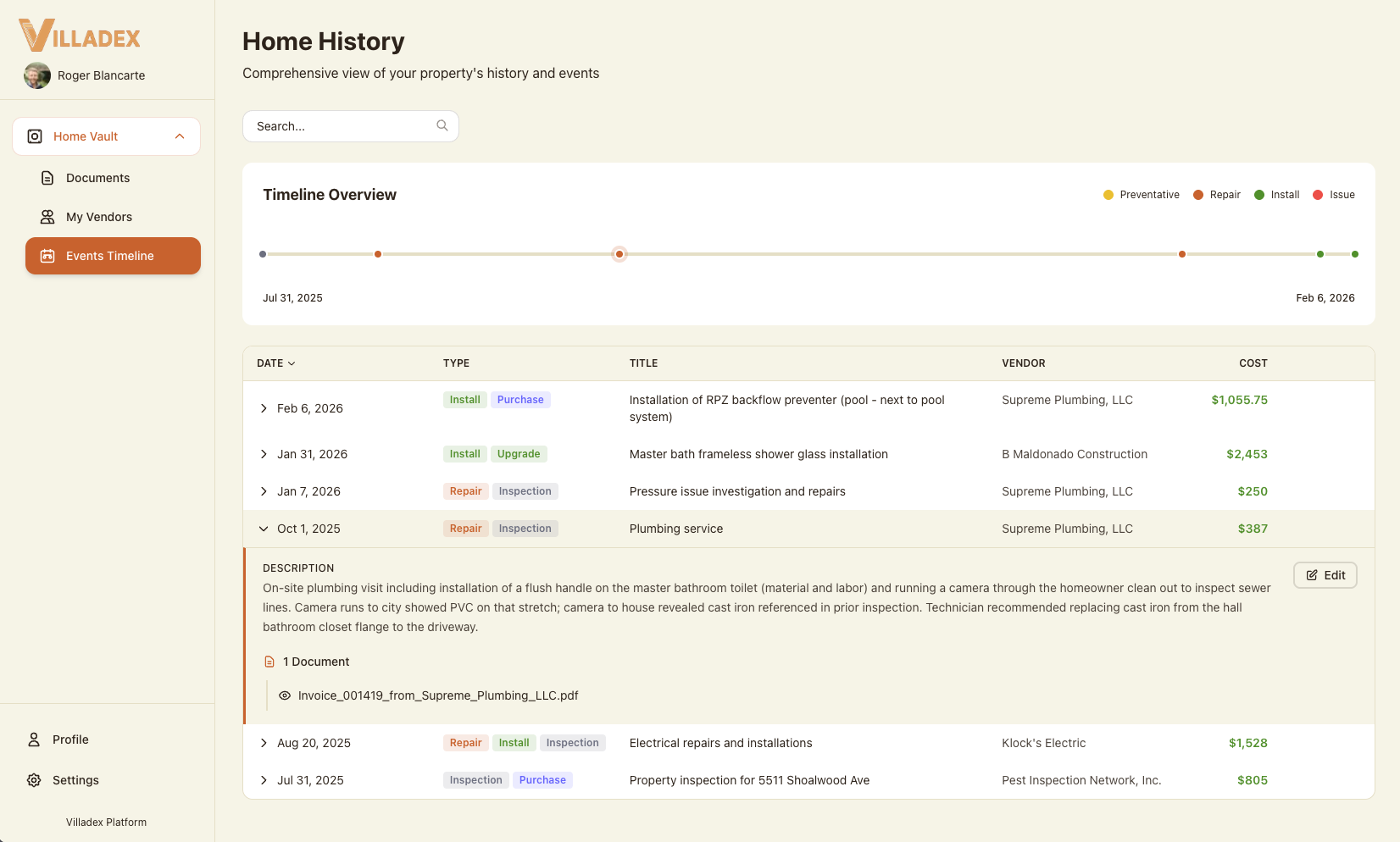 Villadex dashboard — Home History